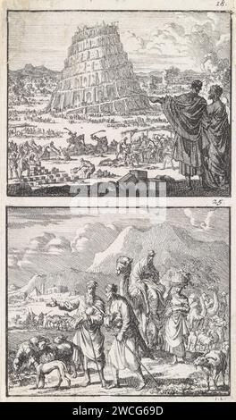 Construction de la tour de Babel / Abraham et Lot quittent leur patrie, Jan Luyken, 1698 imprimer deux représentations d'une plaque. Numérotés en haut à droite : 18 et 25. Amsterdam papier gravure du bâtiment de la Tour de Babel ; Nimrod peut être présent, superviser ou assister à la construction. Abraham quitte l'Egypte avec Sara, Lot et ses possessions Banque D'Images