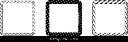 Jeu de cadres de corde. Collection de cordons carrés. Paquet de boucles de corde rectangulaire. Faisceau de bordure en chaîne, tresse ou tresse. Éléments de conception carrés pour la décoration, bannière, affiche. Cadres de décoration vectorielle Illustration de Vecteur