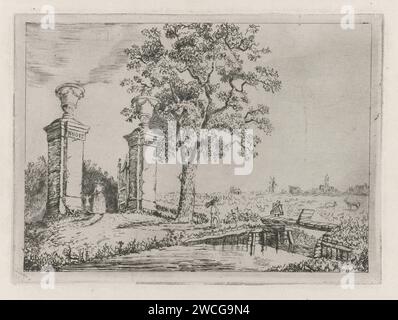 Entrée de la propriété de campagne «jamais pensé», Eberhard Cornelis Rahms, 1859 imprimer entrée de la propriété de campagne «jamais pensé», avec un pont au premier plan sur lequel les seaux mems d'un agriculteur sont sur. A l'entrée du domaine rural une femme et un enfant. En arrière-plan une ferme, des prairies avec du bétail et les contours d'une ville. Papier Utrecht. grille de gravure / point sec, entrée. moulin à vent Banque D'Images