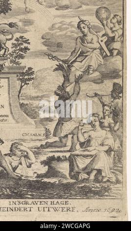Allégorie de la botanique, Anthony van Zijlvelt, d'après C. van Salm, 1692 impression de la Vierge néerlandaise, avec couronne murale sur la tête et clé à la main, sur une étable piercing. Trois putti sur les nuages. À droite, deux habitants originaux de l'Amérique offrent du tabac et des produits à fumer à Mercure, qui est assis sur un nuage. Page de titre d'un livre sur les plantes et le tabac. Imprimeur : Amsterdampublisher : la Haye gravure sur papier / gravure (histoire de) Mercure (Hermès). personnifications de pays, nations, états, districts, etc. Peuples autochtones des Amériques. tabac Banque D'Images