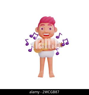 Illustration 3D de Valentine Cupidon personnage jouant un ukulélé, entouré de notes de musique flottantes, capturant l'essence de la joie musicale, parfait fo Banque D'Images