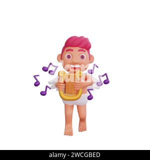 Illustration 3D de Valentine Cupidon personnage jouant une harpe dorée, entouré de notes de musique flottantes, parfait pour Valentine ou projet à thème d'amour Banque D'Images