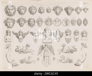 Masques et Koppen, Anonyme, après 1817 imprimer dessins pour divers masques et têtes d'animaux tels que lions, béliers, méduse, saters, sphinx et créatures marines. Tous les objets sont numérotés. Print fait partie d'un album avec une série de six ornements. Masque de gravure en papier Allemagne, mascaron  ornement. tête de lion  ornement. tête de ram  ornement. Méduse (une des gorgones). satyre(s) (en général). sphinx (lion/femme) ; 'Sfinge' (Ripa) Banque D'Images