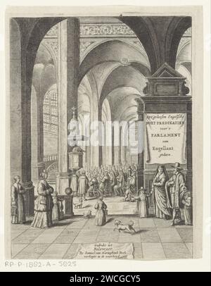 Groupe écoute un pasteur à Kerk, Anonymous, 1661 imprimer un groupe d'hommes et de femmes écoutent un pasteur à l'intérieur d'une église. Au premier plan, il y a quelques personnages, dont une femme avec autour de l'objet sur la tête et à droite un homme et une femme avec deux enfants. Bolsward gravure sur papier / gravure prédication (en général) Banque D'Images