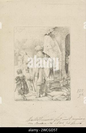 Abraham Verwoot Hagar et Ismaël, Martinus Johannes Cornelis Weegenaar, d'après Rembrandt van Rijn, 1866 estampe Abraham envoie Hagar et Ismaël loin. Hagar couvre son visage. Dans le porche de la maison est la souriante Sara avec son fils Isaac. Les gravures de papier Bosch Hagar et Ishmael (souvent avec arc et flèche) partent Banque D'Images