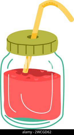 Smoothie ou boisson aux fruits en pot avec couvercle et paille Illustration de Vecteur