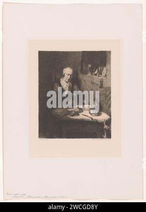 Vieille femme en prière, Henriëtte de Vries, d'après Nicolaes Maes, 1877 - 1890 imprimer papier néerlandais. graver la prière à table, dire la grâce. vieille femme. repas du soir, dîner, souper Banque D'Images