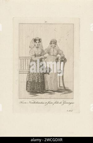 Deux femmes en costumes frison et Groningen, Karel Christiaan Fuchs, d'après Willem van Senus, d'après Harmanus Langerveld, 1802 - 1855 impriment deux femmes en costumes traditionnels frison et Groningen pour une banque. Sous l'image une règle de texte en français. Imprimeur : Unknownafter impression par : Unknownafter dessin par : unknownAmsterdam papier gravure costume folklorique, costume régional Banque D'Images