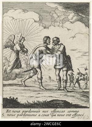 Pardonnez-nous nos dettes, comme nous aussi avons pardonné à qui nous étions quelque chose de coupable, Albert Flamen, 1648 imprimer deux hommes s'embrassent pendant qu'un ange regarde. En arrière-plan, deux personnes se battent en présence de deux démons. La légende française fait partie de la prière la prière du Seigneur. Imprimeur : ParisFrance gravure sur papier 'et pardonne-nous nos dettes, comme nous avons aussi pardonné à nos débiteurs'  la prière du Seigneur Banque D'Images