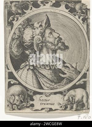 Hector Van Troje comme l'un des neuf héros, Crispijn van de passe (I), 1574 - 1637 imprimer le héros de l'antiquité classique Hector de Troie. Buste pris dans un médaillon avec un cartouche avec son nom en dessous. Deux éléphants et deux aigles dans les coins inférieurs dans les coins supérieurs. Imprimer à partir d'une série de neuf avec des héros. Gravure sur papier inconnue Hector (une des neuf valeurs) Banque D'Images