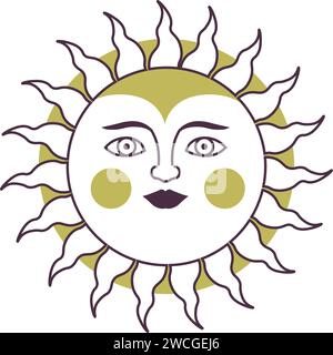 Soleil mystique avec rayons et visage, illustration Boho Illustration de Vecteur