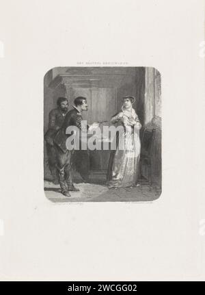 Deux hommes menacent une femme, Willem Frederik Wehmeyer, 1842 - 1873 print scène du livre 'Het Kenilworth' de Walter Scott. Un homme menace la femme en face de lui avec un poignard. Derrière lui, il y a un autre homme à une table. Imprimeur : Amsterdam (éventuellement)éditeur : Haarlem gravure sur papier / gravure comportement menaçant, difficile. homme adulte. femme adulte. hacking et propulser des armes : poignard. château - AA - Architecture civique : à l'intérieur du château de Kenilworth Banque D'Images