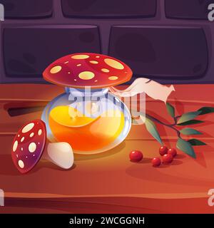 Potion de champignons magiques sur la table en bois dans le laboratoire d'alchimie antique. Illustration vectorielle de dessin animé d'élixir liquide dans une bouteille en verre, agaric de mouche, branche verte et baies rouges, sorcellerie ou ingrédients médicinaux Illustration de Vecteur