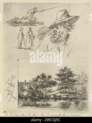 Fiche d'étude avec quatre figures et un paysage, David van der Kellen (1804-1879), 1841 - 1878 print Magazine d'étude avec trois figures ci-dessus, dont l'une est la pêche. En outre, la tête d'un homme plus âgé avec barbe et chapeau et en bas à droite un paysage avec une rivière, des arbres et une ferme. gravure de papier / rivière de point sec. paysages. pêcheur Banque D'Images