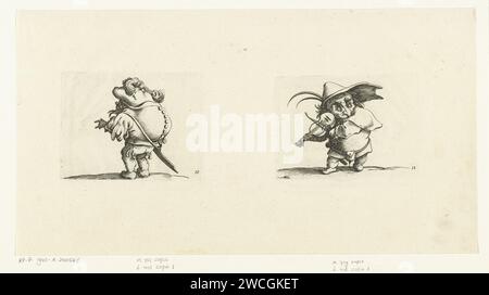 Nain avec épée, une rangée de nœuds sur le dos ; nain avec violon et épée, Abraham bosse, d'après Jacques Callot, 1621 - 1676 impression à gauche: nain, plus ou moins à gauche, avec une hâte de retour sur laquelle court une rangée de nœuds, un chapeau avec des plumes sur la tête, une épée sur son côté droit. Droite : nain, vu de face, jouant du violon, un chapeau avec deux plumes sur la tête, une épée sur son côté droit. Ces deux estampes, imprimées sur 1 feuilles côte à côte, font partie d'une série de 21 estampes (imprimées sur 11 feuilles, donc à l'exception de l'estampe-titre toujours 2 planches par feuille) avec des figures grotesques ; A. Banque D'Images