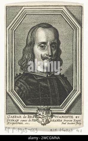 Portret Van Gaspar de Bracamonte, Frederik Bouttats (I), 1631 - 1676 tirage Portrait sur une liste ovale de Gaspar de Bracamonte, comte de Peñaranda. Buste vers la droite. L'estampe a une légende latine avec le nom de la personne représentée. Gravure sur papier Anvers Banque D'Images