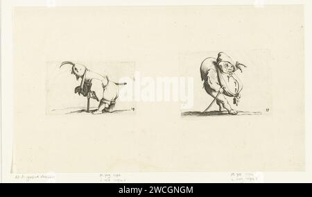 Nain avec écharpe, tabouret et épée ; nain avec canne, Abraham bosse, d'après Jacques Callot, 1621 - 1676 estampe à gauche : nain, vu à gauche, appuyé sur un tabouret, une capuche avec deux plumes sur la tête, une épée sous la ceinture, le bras droit dans une écharpe. Droite : nain, vu à droite, avec un dos acheté et un gros ventre ou une grosse tête, un chapeau avec des brindilles sur la tête, un bâton de marche dans la main droite. Ces deux tirages, imprimés sur 1 feuilles côte à côte, font partie d'une série de 21 tirages (imprimés sur 11 feuilles, donc à l'exception de l'impression titre toujours 2 planches par feuille) avec grotesque f Banque D'Images