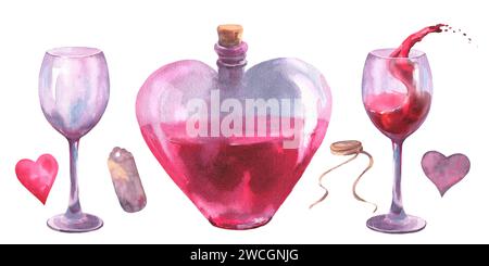 Illustrations à l'aquarelle, ensemble pour la Saint-Valentin ou la conception de mariage. Elixir potion d'amour en bouteille en forme de coeur et vin en verre, coeurs, tag, illustration Banque D'Images