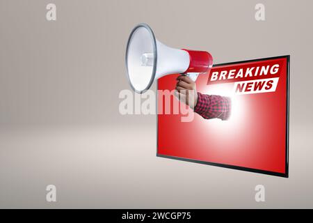 Une main humaine tenant un mégaphone sort du grand écran de télévision avec une inscription de dernière minute sur un fond coloré. Diffusion en direct, Banque D'Images