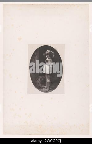 Garçon avec chapeau, Adolf Carel Nunnink, d'après Gerard ter Borch (II), 1867 - 1874 imprimer Un garçon avec chapeau se tient à côté d'un garçon assis sur ses genoux. Sur la gauche se trouve un sac. Dans une liste ovale. Le journal de la Haye. enfant (à la maison). casque : chapeau. figurine agenouillée Banque D'Images