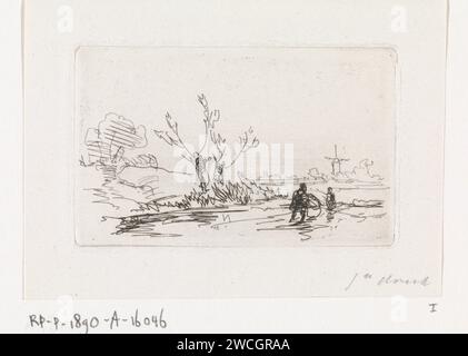 Patineur à Knotwilgen, Johannes Franciscus Hoppenbrouwers, 1855 - 1857 imprimer Paysage d'hiver avec deux patineurs sur la glace, passant devant deux saules pollard. Un moulin en arrière-plan. Patins de gravure en papier de la Haye (sports d'hiver). moulin à vent en paysage (+ ville(-scape) avec chiffres, personnel). arbres : saule Banque D'Images