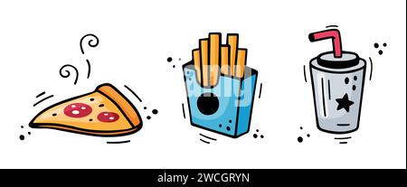 Ensemble d'icônes de restauration rapide - pizza, frites, tasse en papier avec boisson. Repas combiné de restauration rapide dessiné à la main. Style de croquis de doodle comique. Illustration vectorielle. Collations colorées dessinées avec un stylo feutre. Illustration de Vecteur