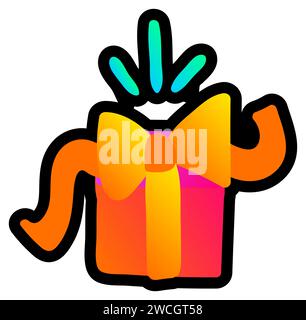 Boîte cadeau fluorescente déclarative dessinée à la main surprise nouée avec un arc avec une lumière de gradient de néon sur fond noir. Icône de fête pour la conception de carte ou d'invitation Illustration de Vecteur