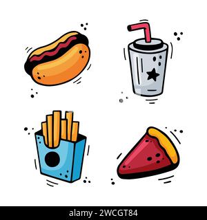 Ensemble d'icônes de restauration rapide - Hot Dog, frites, tasse en papier avec boisson, tarte, gâteau, tarte. Combo de restauration rapide dessiné à la main. Style de croquis de doodle comique. Collations colorées dessinées avec un stylo feutre. Illustration vectorielle Illustration de Vecteur