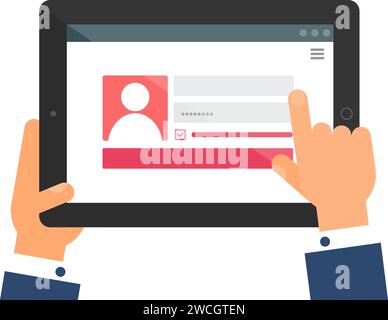 La main de l'utilisateur entre des données sur le site Web de l'enregistrement sur ordinateur portable. Déverrouiller le menu de la page Web sur l'écran du gadget numérique. Vecteur plat simple isolé sur Illustration de Vecteur