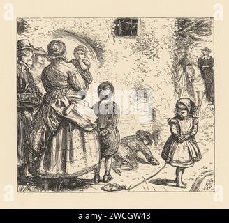 Une famille victorienne en voyage en Angleterre. Une femme tient un bébé, tandis que trois enfants jouent devant une maison vêtue de lierre. Voyager pour le plaisir à Merrie Angleterre. Des Hampdens par Harriet Martineau dans le magazine Once a week. Gravure sur bois des frères Dalziel d’après une illustration de l’artiste préraphaélite John Everett Millais tirée des illustrations de Millais, a Collection of Drawings on Wood, Alexander Strahan, Londres, 1866. Banque D'Images