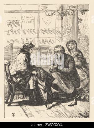 Jeune femme en châle et manteau essayant des bottes dans un magasin de chaussures victorien. Un vendeur de bottes s'agenouille devant elle. Chaussures et bottes dans la vitrine du magasin. Dans le Boot Shop, de bons mots. Gravure sur bois des frères Dalziel d’après une illustration de l’artiste préraphaélite John Everett Millais tirée des illustrations de Millais, a Collection of Drawings on Wood, Alexander Strahan, Londres, 1866. Banque D'Images