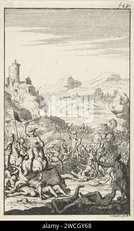 Bataille entre les armées de PoliRenchus et Ambiodorix, Jan Luyken, 1681 imprimer Imprimer en haut à droite marqué : f : 537. Bataille de gravure sur papier d'Amsterdam (+ forces terrestres) Banque D'Images