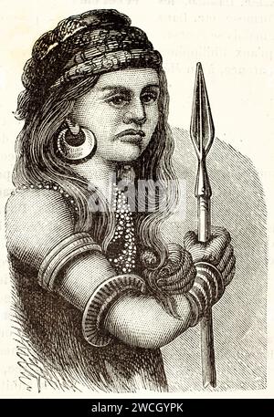 Vieille illustration gravée d'une femme Dayak, Bornéo. Par auteur inconnu, publié sur Brehm, les Mammifères, Baillière et fils, Paris, 1878 Banque D'Images