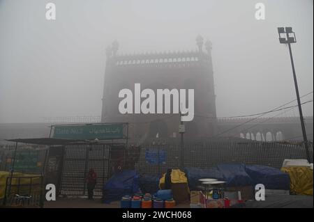 New Delhi, Delhi, Inde. 16 janvier 2024. Une vue générale montre l'arrière de Jama Masjid rempli de brouillard à New Delhi I, Inde le 16 janvier 2024 (image de crédit : © Deep Nair/ZUMA Press Wire) USAGE ÉDITORIAL SEULEMENT! Non destiné à UN USAGE commercial ! Banque D'Images