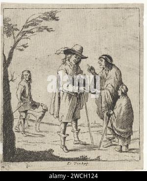 Diseur de fortune, anonyme, d'après David Teniers (II), 1700 - 1799 print Un homme laisse sa main lire par un diseur de fortune. En arrière-plan, un garçon marche avec un chien. Low Countries paper graving fortune-teller  salon du plaisir et cirque. chiromancie, lecture manuelle, palmisterie Banque D'Images