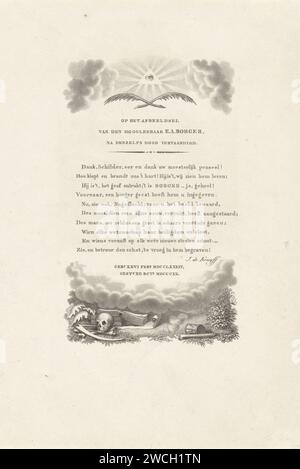 Vanitasymbols et tous -Seeing Eye, Philippus Velijn (possible), 1820 - 1822 imprimer Un crâne, une faux, un sablier et une torche éteinte sous un texte sur la mort d'Elias Anna Borger. Au-dessus de lui, l'œil tout-voyant et deux branches de paume entre les nuages. Papier néerlandais gravure de l'oeil tout voyant, triangle avec oeil  symbole de Dieu le Père. Symboles « Vanitas » Banque D'Images
