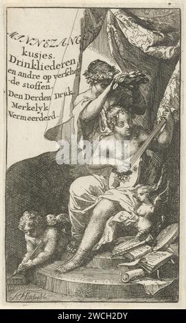 Vénus couronné Bacchus, Arnold Houbraken, 1710 estampe Vénus s'assied sur un trône sous une verrière et joue du luth tandis que Bacchus la croise avec une couronne de Laurier. Gauche Amor, qui grince une flèche sur une pierre à aiguiser. Sur la droite des instruments de musique tels que la flûte et le tambourin et la partition. Au sommet un Velum, sur lequel le titre en huit lignes en néerlandais. Gravure sur papier Gouda (histoire de) Vénus (Aphrodite). (Histoire de) Bacchus (Dionysos), Liber. couronnement de laurier. une personne jouant d'un instrument à cordes (pincé). luth, et formes spéciales de luth, par exemple : theorbo Banque D'Images