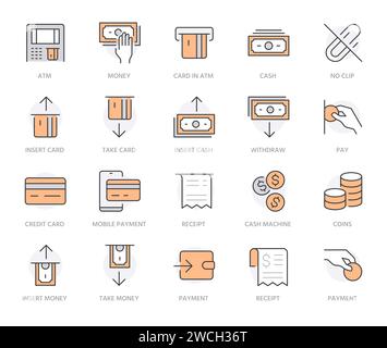 Jeu d'icônes de ligne de distributeur automatique de billets. Retirer de l'argent, déposer, prendre de l'argent à la main, recevoir un minimum de scénario illustration. Signes de contour simple pour terminal de paiement Illustration de Vecteur
