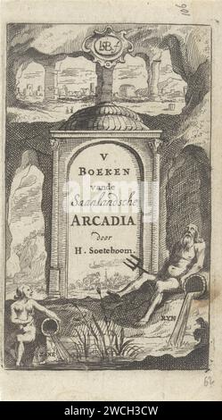 Dieux du fleuve près d'un temple, Hendrik Jacobsz Soeteboom, 1658 imprimer le dieu du fleuve du Rhin est assis dans un temple dans une grotte dans laquelle le titre et l'auteur du livre sont affichés. Au premier plan se trouve la déesse de la rivière du Zaan. En haut un aperçu d'une ville en arrière-plan. Imprimeur : Zaanda Editeur : Amsterdam papier gravure / gravure rivière personnifié : Rhin. rivière personnifiée (avec NOM) Rhin. Zaan Banque D'Images