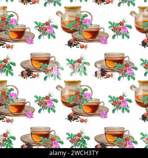 Théière, tasse de thé, hanches roses, motif sans couture. Illustration graphique isolée sur fond blanc. Élément de conception pour emballage, cartes, bannières, anse Banque D'Images