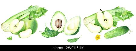 Un ensemble de compositions avec pomme verte, concombre, épinards, avocat et céleri. Illustration aquarelle isolée sur blanc. Pour étiquette de menu de cartes clipart Banque D'Images