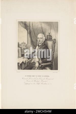 Portrait de Jan Hendrik Lynden van Lunenburg, Pieter Wilhelmus van de Weijer, d'après Christiaan Kramm, 1843 - 1880 print la personne représentée est assise sur une chaise à côté d'une table avec une Tazza, une lettre ou un acte avec sceau et deux livres. Derrière lui un rideau levé, une colonne vue du château de Lunenburg à Langbroek. Légende de quatre lignes sous le portrait. Personnages historiques sur papier d'Utrecht (+ portrait de trois quarts de longueur). coupelle. Pantalon castle Banque D'Images