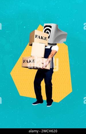 Collage photo vertical de livreur sans tête avec ordinateur hypnotisant au lieu de la tête et partager la propagande de faux entre les gens Banque D'Images