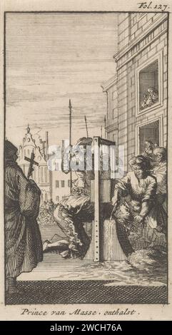 Décapitation de Masaniello, 1647, Caspar Luyken, 1699 print Masaniello, un pêcheur qui fut le chef de la révolte napolitaine contre les Habsbourg espagnols, est décapité par les citoyens de Naples. Papier de Leiden mordant la mort violente en décapitant Naples Banque D'Images