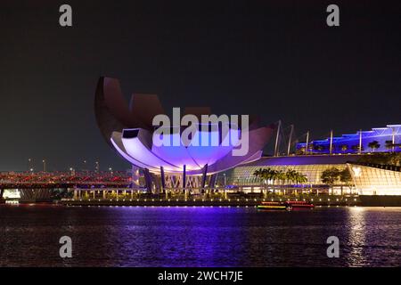 Downtown Core, Singapour - septembre 05 2018 : le Musée ArtScience et le pont Helix de nuit. Banque D'Images