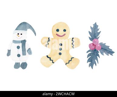 Aquarelle collection dessinée à la main ensemble d'ornements de Noël : le bonhomme de neige dans un chapeau et une écharpe, l'homme en pain d'épice, GUI, isolé sur fond blanc Banque D'Images