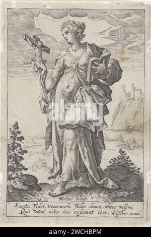 Geloof (Fides), anonyme, d’après Jacob Matham, d’après Hendrick Goltzius, 1601 - 1652 imprimer la foi personnalisée ; Une figure féminine avec un crucifix et une Bible. Amsterdam papier gravure Faith, 'Faith' ; 'Fed ',' Faith Catholic ',' Fed Christian ',' Fed Christian Catholic Church '(Ripa)  l'une des trois vertus théologiques Banque D'Images