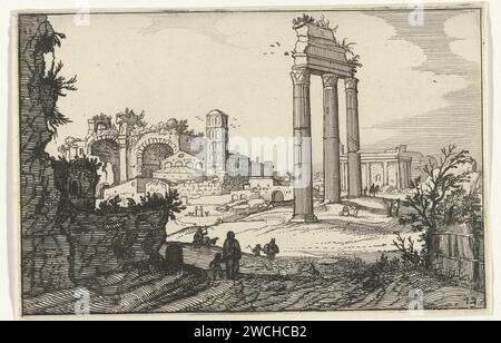 Temple de Castor et Pollux et Basilique de Constantijn, Anonyme, d'après Willem van Nielandt (II), 1618 imprimer à gauche les trois colonnes du temple de Castor et Pollux et à droite la Basilique de Constantijn sur le forum Romanum à Rome. Au premier plan quelques chiffres. L'imprimé fait partie d'une série de ruines romaines et de paysages côtiers d'après une série de presse de Willem van Nieulandt. Amsterdam papier gravure ruine d'un bâtiment  architecture. Paysage avec ruines Rome Banque D'Images