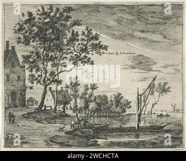 Veer à Schoonhoven, Roelant Roghman, 1637 - 1677 imprimer vue de la source, au-dessus de la rivière Lek, près de Schoonhoven. Un cavalier, un homme et un chien marchent sur le ferry, qui peuvent les emmener dans le quartier de Gelkenes (de l'autre côté du Lek). A gauche une auberge et un moulin en arrière-plan. Amsterdam gravure de papier / gravure moulin à vent. ferry. paysages. Hôtel, Hostellerie, inn Schoonhoven. Fuite Banque D'Images