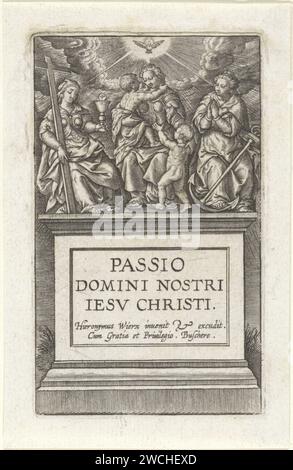 Vertus divines, Hieronymus Wierix, 1563 - avant 1619 imprimer Pieth stable avec le titre de série en latin. Au-dessus se trouvent les trois vertus divines : la foi (avec la croix), l'amour (avec les petits enfants) et l'espérance (avec l'ancre). Au-dessus d'eux, le Saint-Esprit comme un pigeon. Papier anversois gravant les trois vertus théologiques. Saint-Esprit représenté comme une colombe (en flammes) Banque D'Images